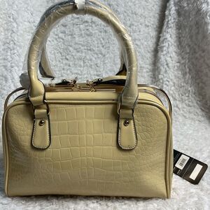 NWTLa Reine Patent Beige croc prints faux leather satchel gold tone frame accent